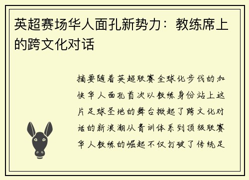 英超赛场华人面孔新势力：教练席上的跨文化对话